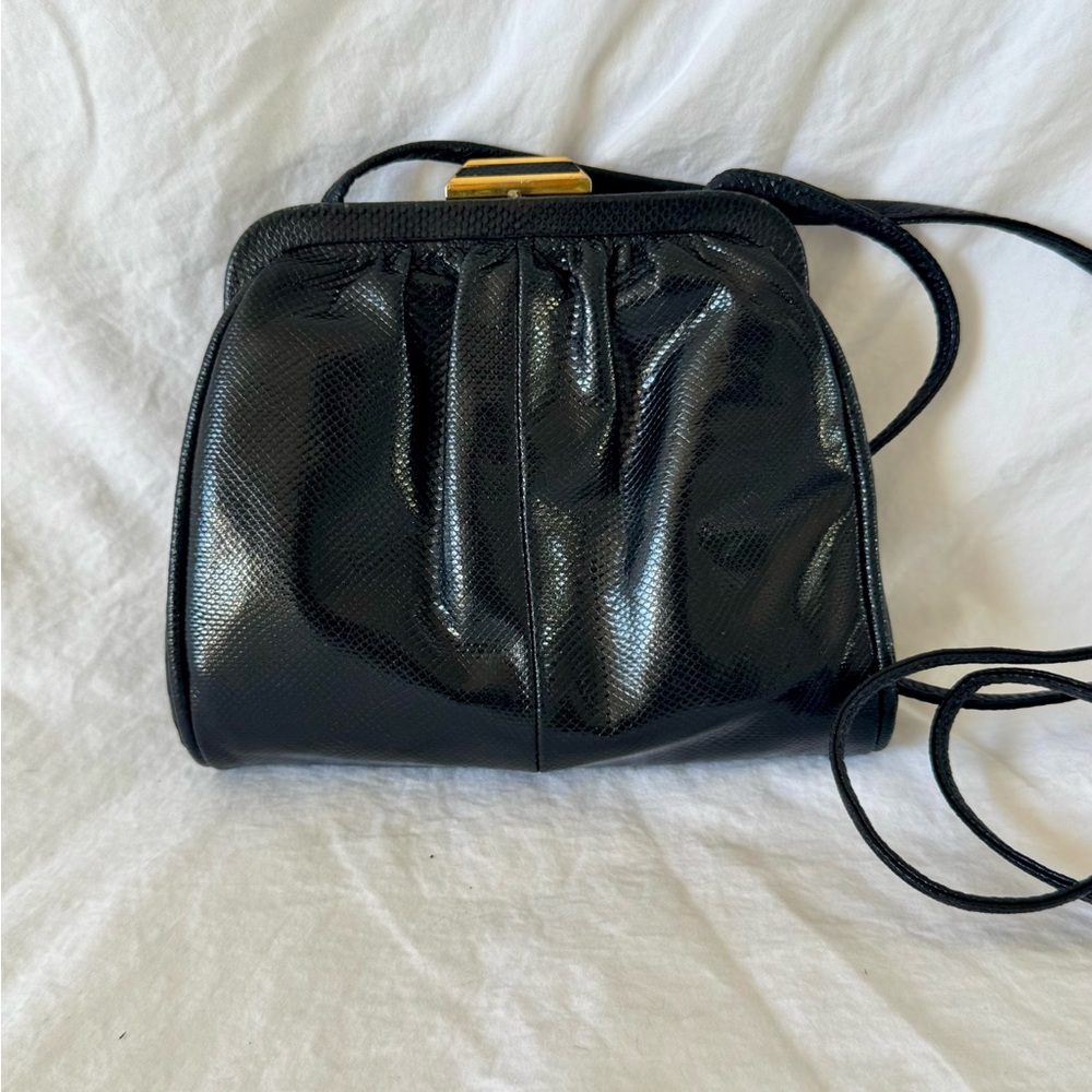 Susan Gail Black Snakeskin Clutch with Gold Accents